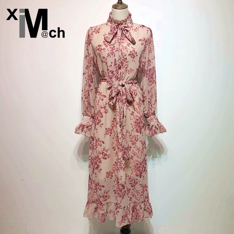 XiM&M@ch новое милое платье с цветочным рисунком шифоновое длинными рукавами на