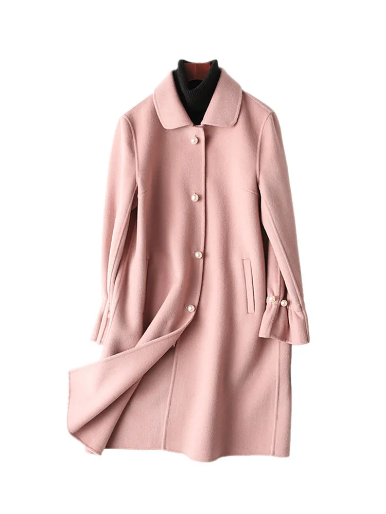 Осенне-зимнее пальто женское длинное 80% двустороннее шерстяное пальто женское жемчужное элегантное кашемировое пальто женские пальто abrigo mujer YQ364 - Цвет: Розовый