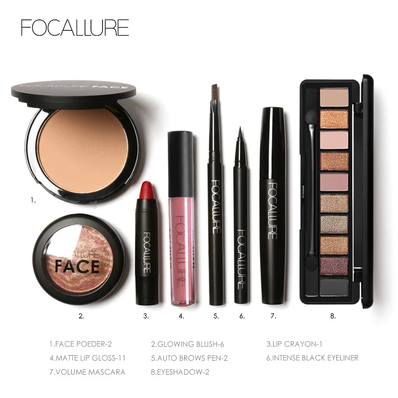 

FOCALLURE 8Pcs Cosmetics Makeup Set Powder Eye Makeup Eyebrow Pencil Volume Mascara Sexy Lipstick Blusher Tool Kit for Daily Use