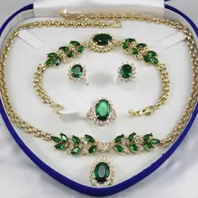 Благородство женские натуральные женские украшения зеленый драгоценный камень в желтый Серьги Браслет Цепочки и ожерелья кольцо+ коробка град покрытием