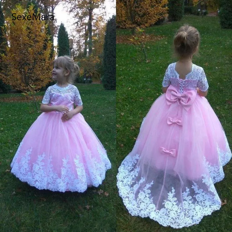 2019 Bloem Meisje Jurken Wit Kant Applicaties Roze Tule met Boog Kind Pageant Jurken Verjaardag Party Dress Custom Made Maat 2019 Bloem Meisje Jurken Wit Kant Applicaties Roze Tule met Boog Kind Pageant Jurken Verjaardag Party Dress Custom Made Maat
