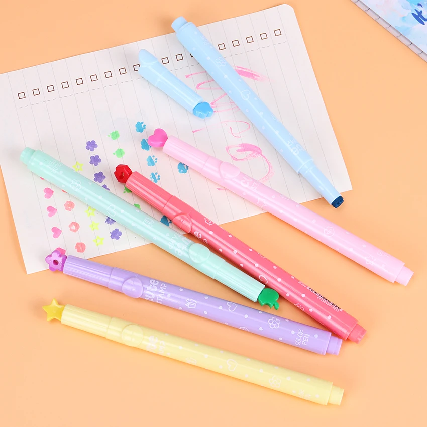 

6PCS New Cartoon Cute Flowers Star Clouds Creative Stamps Highlighter Marker Pen Marker Office School Supplies Gift