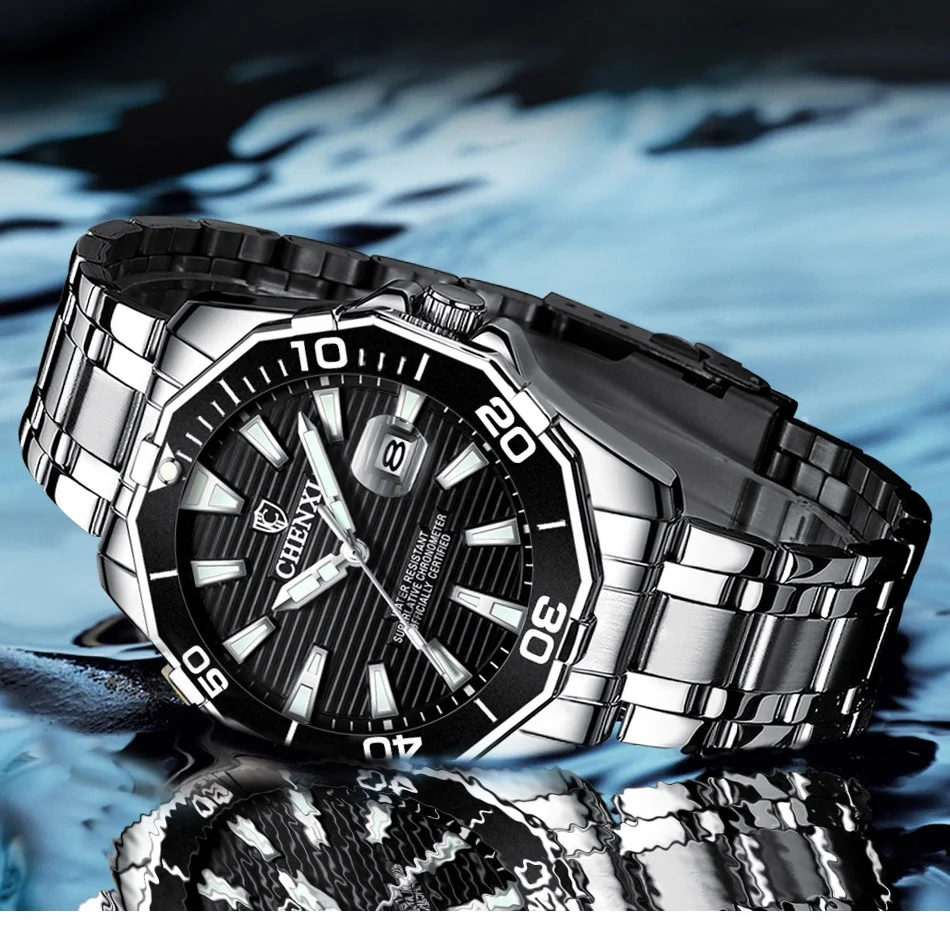 Роскошные деловые мужские часы CHENXI, серебряные, нержавеющая сталь, черные, повседневные часы для мужчин, большой циферблат, водонепроницаемые, модные наручные часы