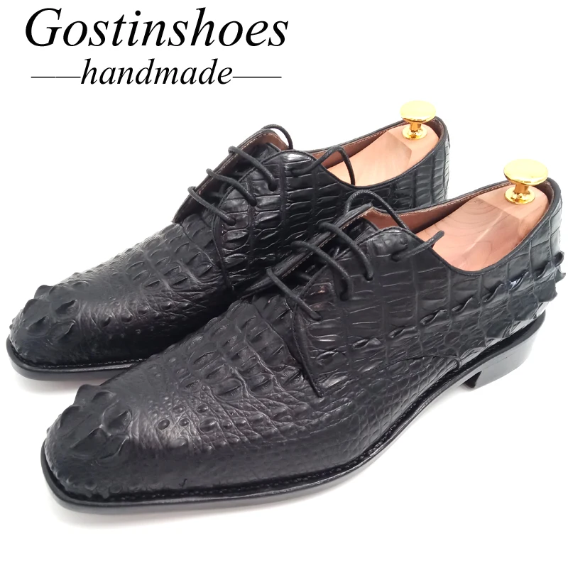 Goodyear Shoes Handmade Men Dress Shoes Black Genuine Crocodile Skin Luxury Formal Shoes Oxfords Lace-Up Pointed Toe GSTN008