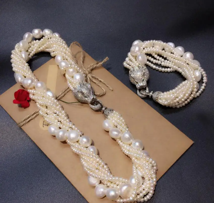 

Leopard head clasp accessory white freshwater pearl necklace bracelet set fashion jewelry