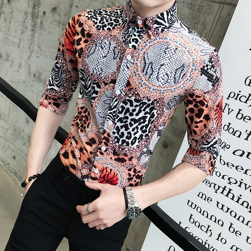 

New Allover Printed Mens Shirts Luxury Three Quarter Sleeve Mens Dress Shirts Camisa Social Masculina Nightclub Slim Man Shirts