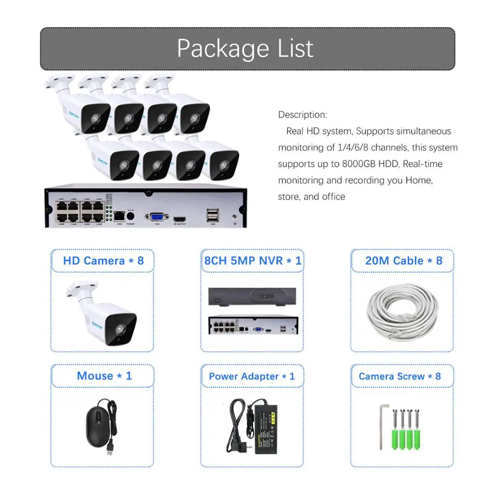 Eyessys H.265 8 шт. 5MP 2560x1920P ИК Открытый IP ночное видение AUDID камера CCTV POE HDMI NVR P2P звук системы безопасности комплект HDD