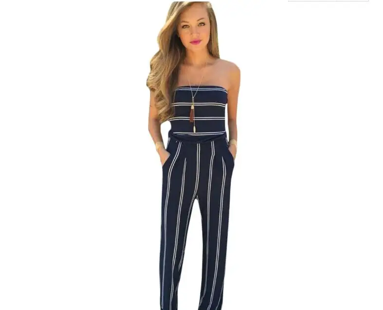 2019 Strapless Sleeveless High Waist Plain Jumpsuits Women Elegant  Striped Blue  Wide Leg Flounce Tube Jumpsuit