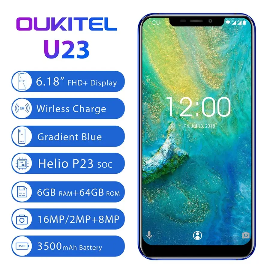 OUKITEL U23 6,1" 18:9 Android 8,1 MT6763T Helio P23 Восьмиядерный 6 ГБ 64 Гб 3500 мАч 16 МП беспроводной заряд лица ID мобильный телефон