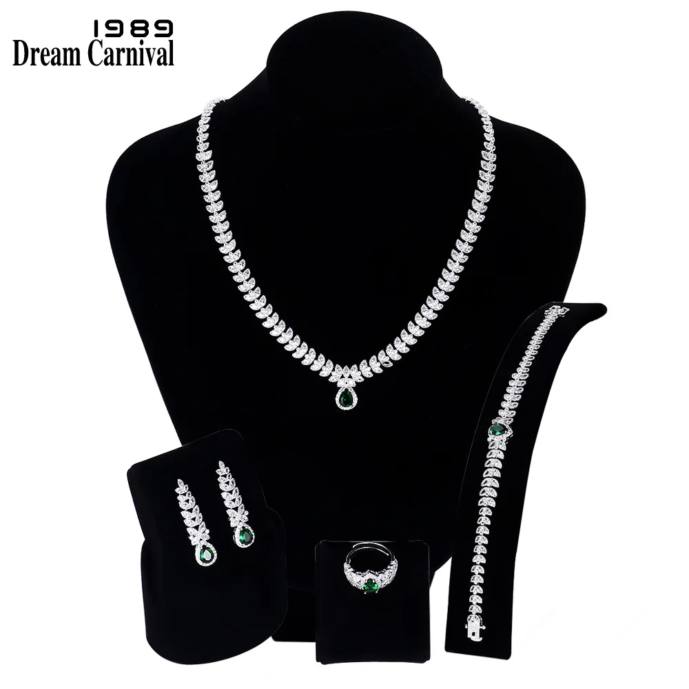 

DreamCarnival 1989 Super Luxury Wedding Jewelry Set for Women Green Clear White CZ Free Size Ring Kuwait Hot Selling SN07419-1B