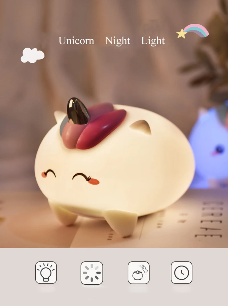 Unicorn Silicone LED Night Light Touch Sensor Baby Light Warm Lighting for Kid Bedroom Decorate Night Lamps Birthday Gift (1)