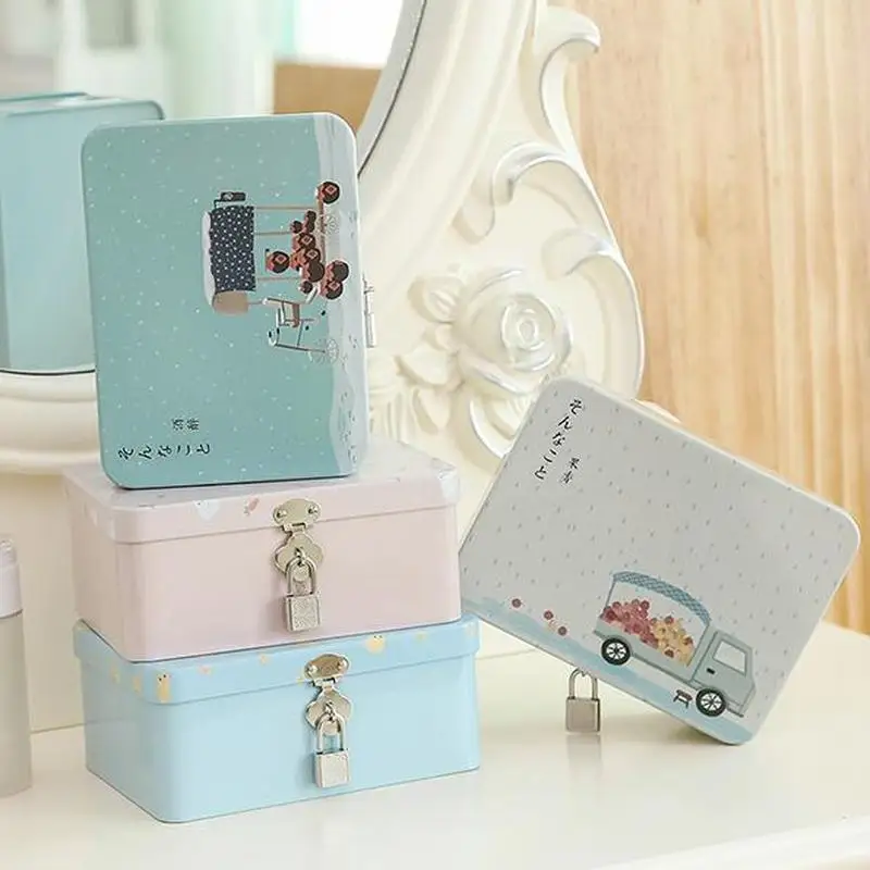 

Creative Small Tinplate box with lock and 2key stationery pencil case Cosmetics jewelry box Desktop Storage Organizer