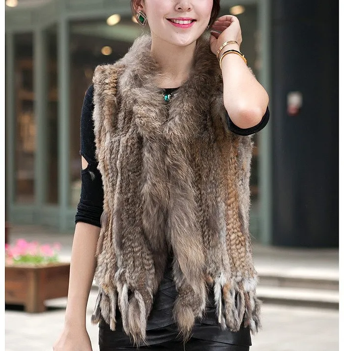 HSPL Fur Vest Real Rabbit Women Gilet With Fur Trimming Tassels Female Waistcoat Lady Real Fur Gilet Colete Feminino De Inverno long down puffer coat