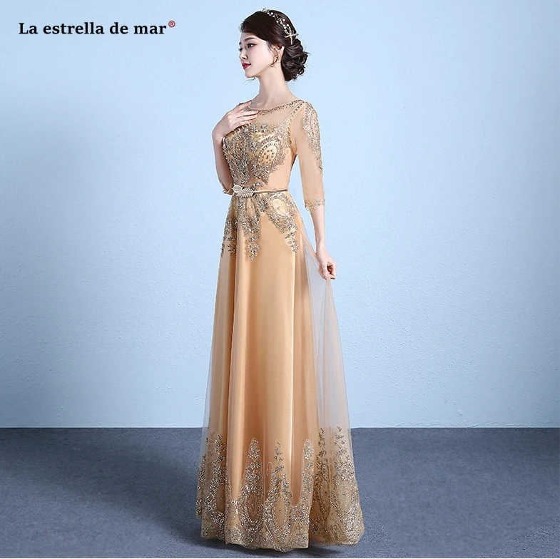 Vestido dama de honor boda, новинка, круглый вырез, 3/4 рукав, ALine, золото, шампанское, серебро, кружево, блестки, свадебное платье, длинное