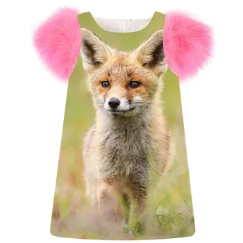 

Children Clothing Girls Dress fashion printing Cute animals Spring/Autumn faux fur sleeve girls dress Toddler Kids Dresses