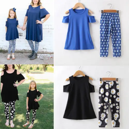 

Family Matching Outfit Mother Daughter Women Girls Tops T-Shirt+Pants 2pcs Cold Shoulder