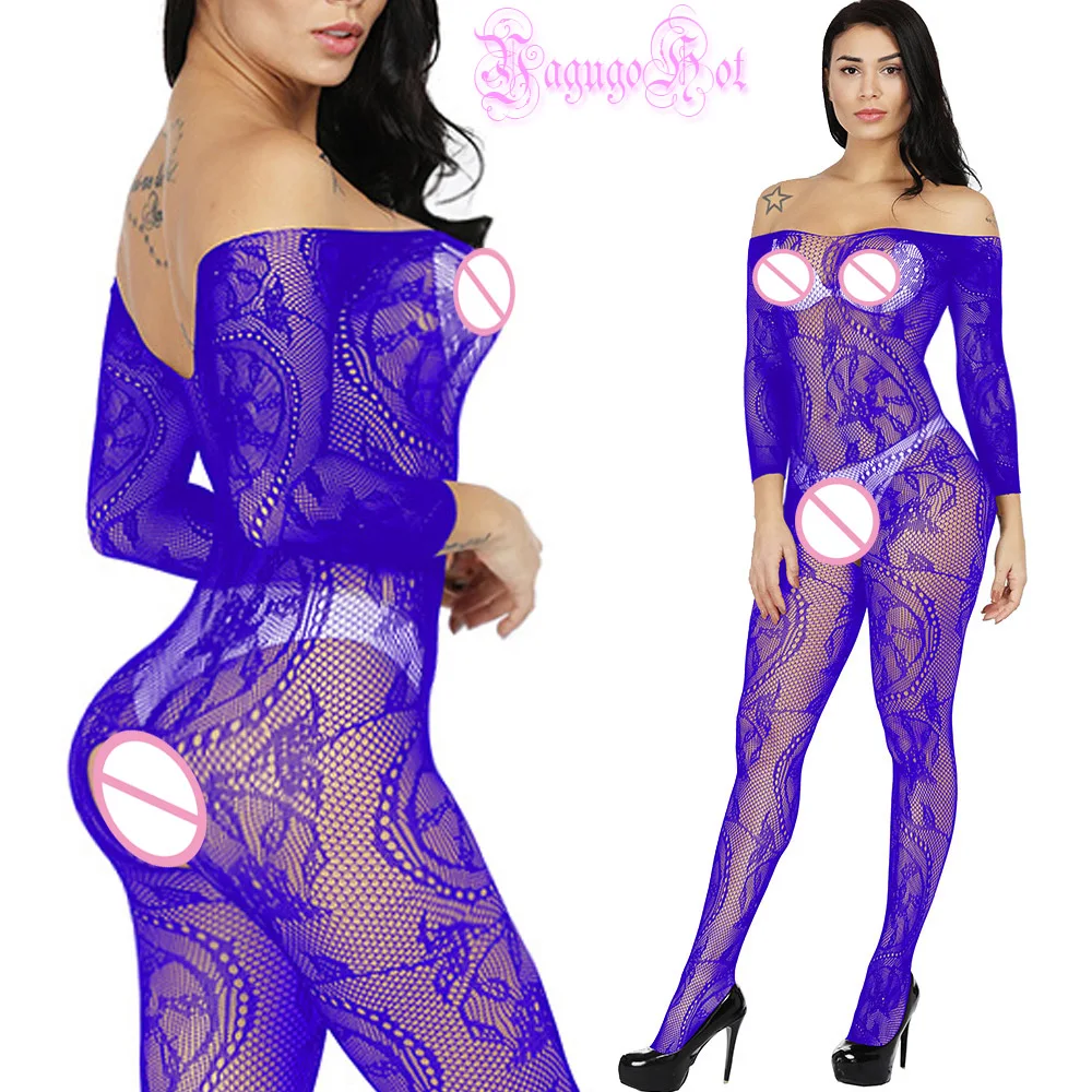 Sexy Fishnet Sheer Crotchless Swirly Lace Teddy Floral Long Sleeved Bodystocking Lingerie Intimates Babydoll Bodysuit Catsuit