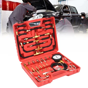 

140psi Fuel Injection Pump Pressure Injector Tester Test Pressure Gauge Kit Case Universal 32 Adapters 3-way-valve Vehicle