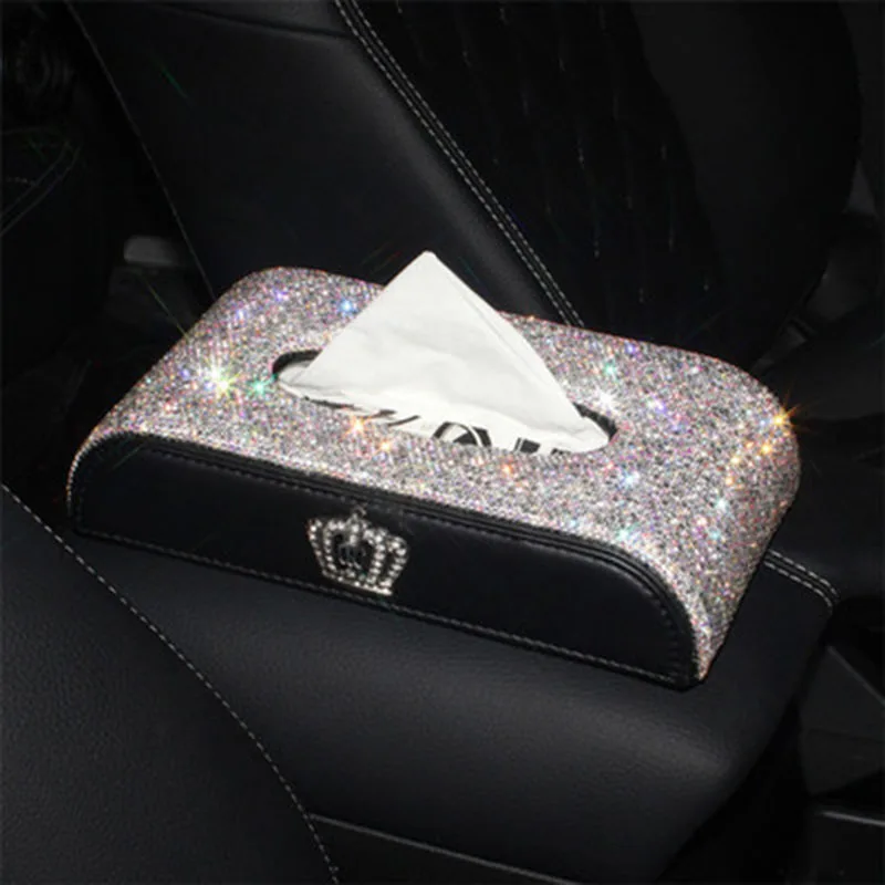 

Leather Car Tissue Box Crown Crystal Rhinestone covered Holder Block Paper Storage Car Interior Accessories For Women Girls
