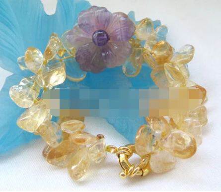 

Hot sell Noble- FREE SHIPPING>>>@@ > 00862 2row natural yellow crystal and amethyst flower bracelet