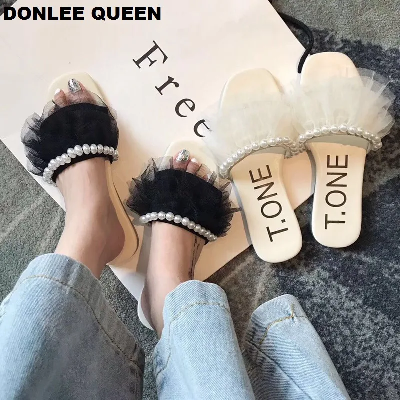 

2019 New Summer Slides Fashion Women Slippers Mesh Pearl Flip Flops Beach Sandals Comfortable Flat Casual Shoes sandalias mujer