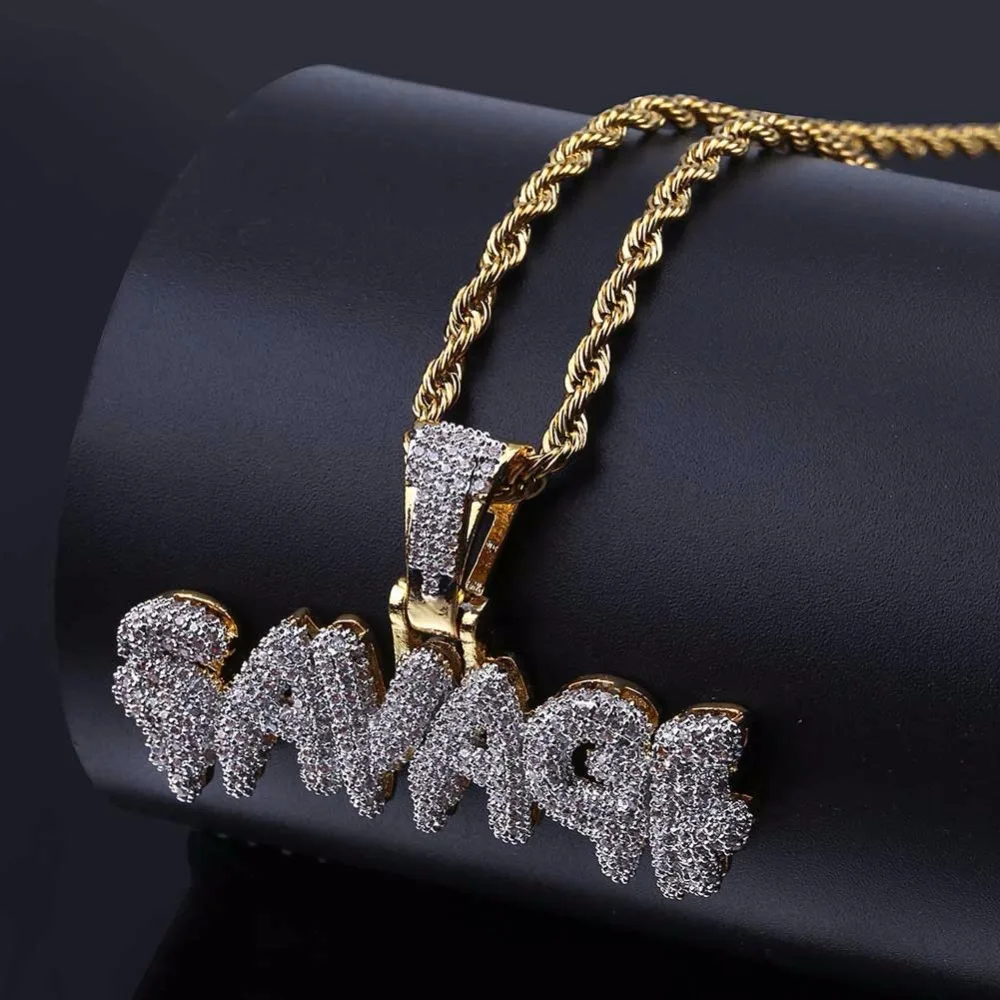 Full AAA CZ Zircon Paved Bling Iced Out SAVAGE Bubble Letter Men Hip