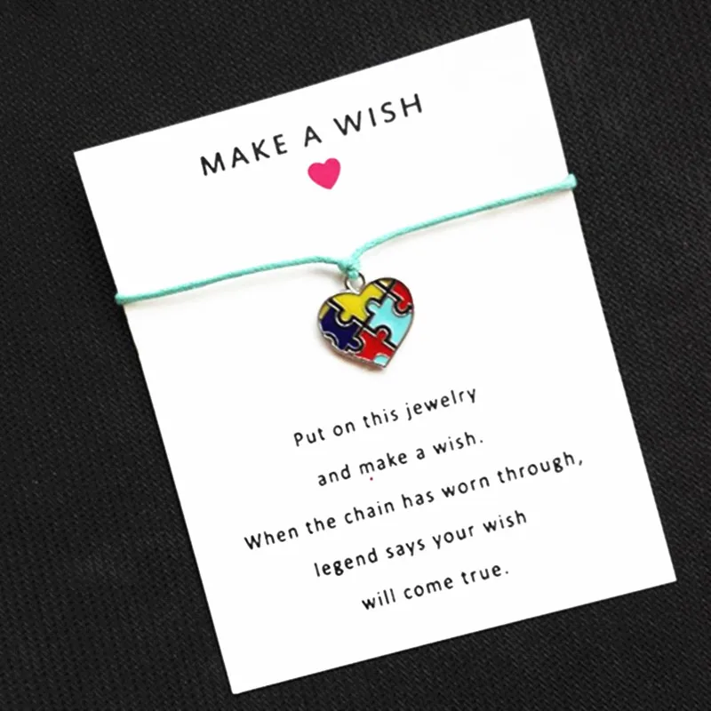 

4 Colors Wax Cord Heart Enamel Autism Awareness Jigsaw Puzzle Piece Wish Card Bracelet For Friend Gift With Card 1PCS