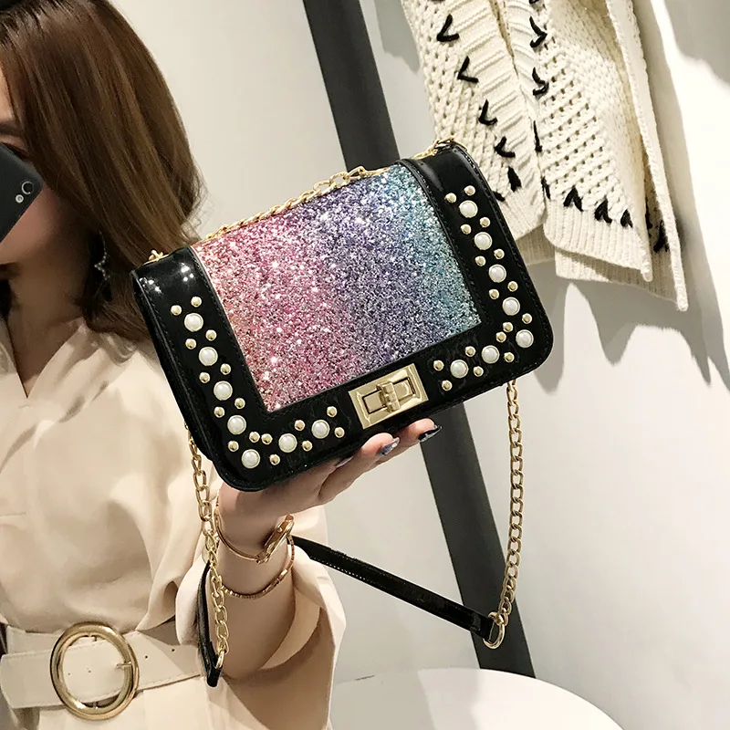 

2019 spring fashion handbags women's designer handbag high quality leather handbags sequins rivet chain shoulder Messenger bag
