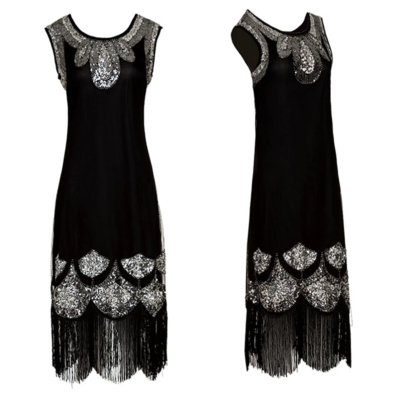 

Great Gatsby Dress 1920s Vintage Flapper Sequined Embellished Fringed Sleeve Midi Party Art Deco Double Dress Accessories