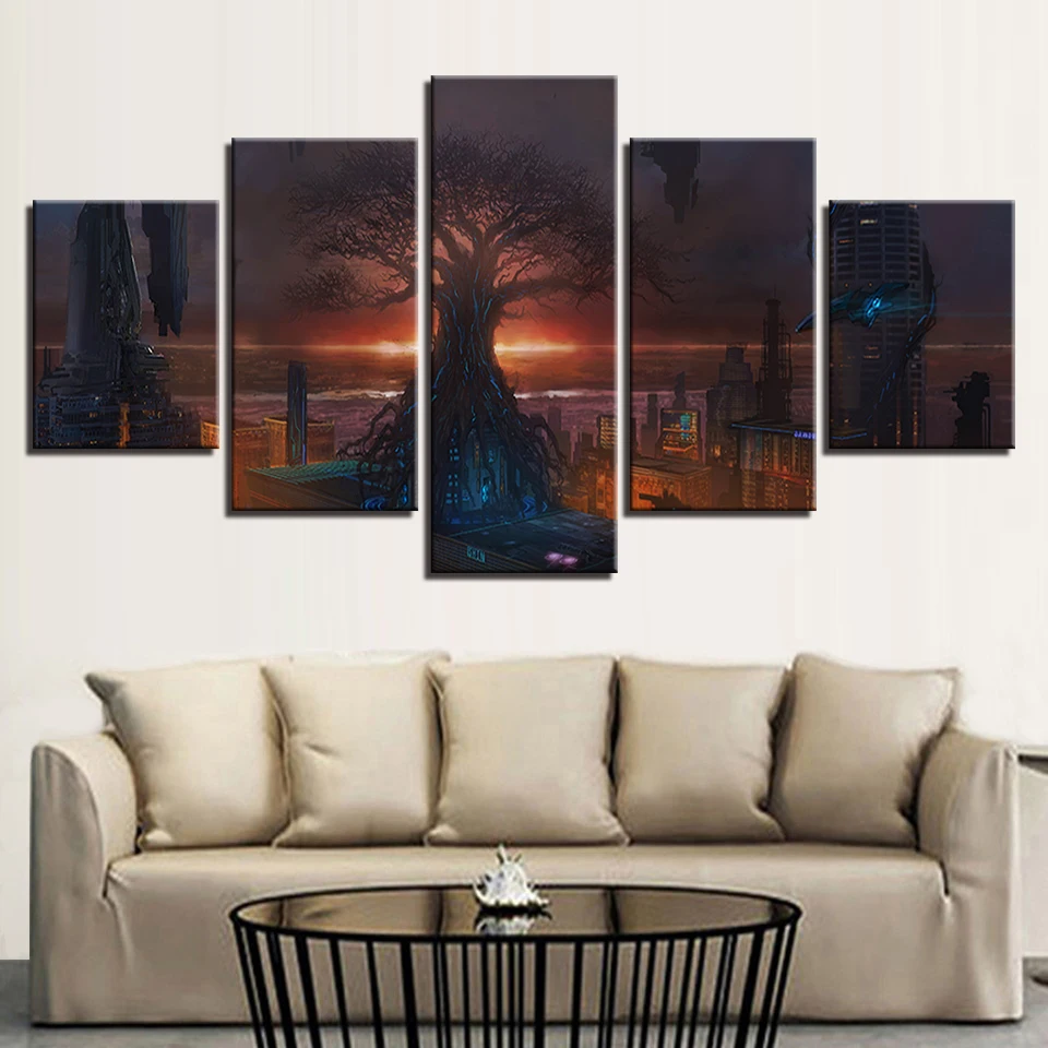 Wall Art Canvas HD Print Pictures 5 Pieces Fantasy Sunset Cityscape ...