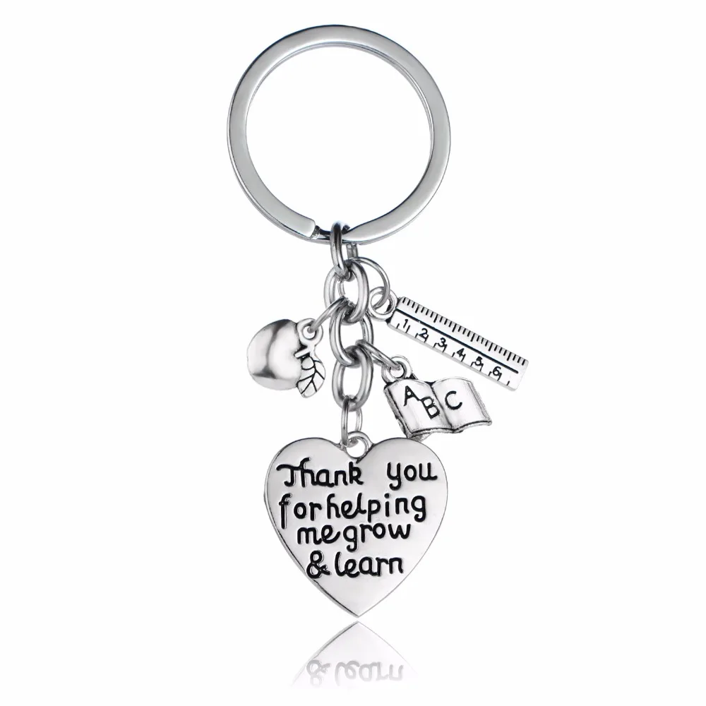 

Teacher Jewelry Thank You For Helping Me Grow & Learn Keychain Love Heart Apple Ruler ABC Book Charms Keyring For Teachers Gifts