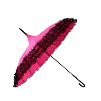 

Pink Long Handle Hook Rain Gear Lady Princess Lace Pagoda Umbrellas For Straight Bar Semi Automatic Sunshade Umbrella Women Z539