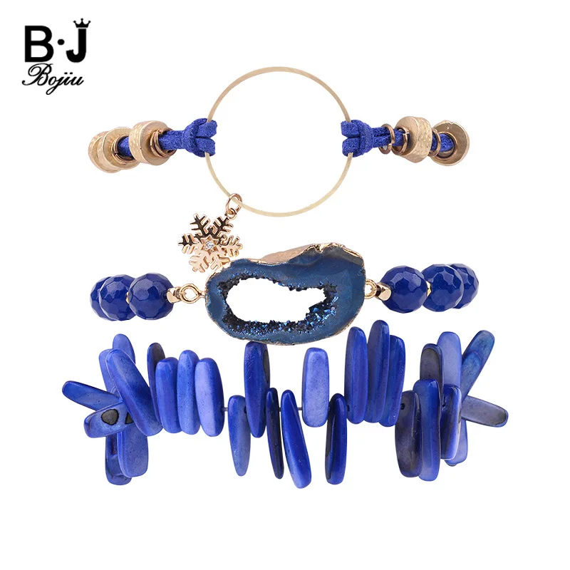 

BOJIU Natural Round Stretch Blue Stone Druzy Bracelets For Women Faceted Bead Gold Copper Circle & Nugget Rope Bracelet BCSET169