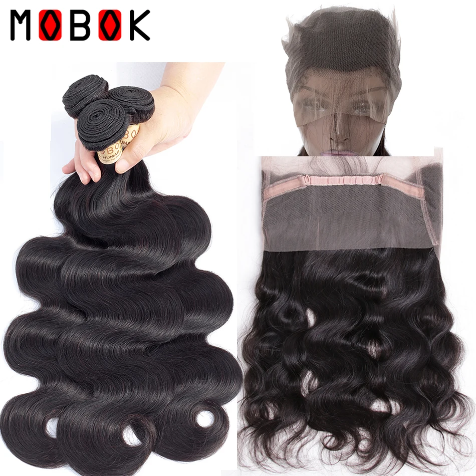

MOBOK Peruvian Body Wave Hair 3 Bundles With 360 Lace Frontal Closure Non Remy Human Hair Wave Natural Black Free Shipping