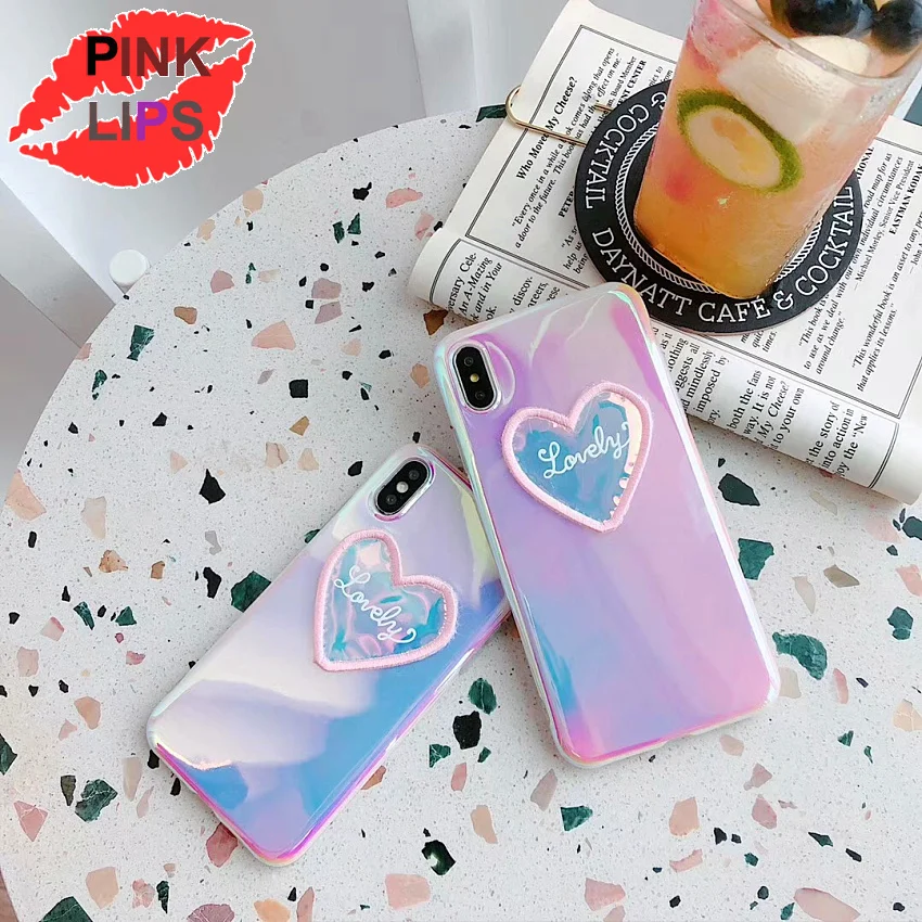 

PINK LIPS Blu-Ray Love Heart Laser Mirror Phone Case For iPhone 6 6S 7 8 Plus X XS MAX XR Beautiful Soft IMD Phone Cases Fundas
