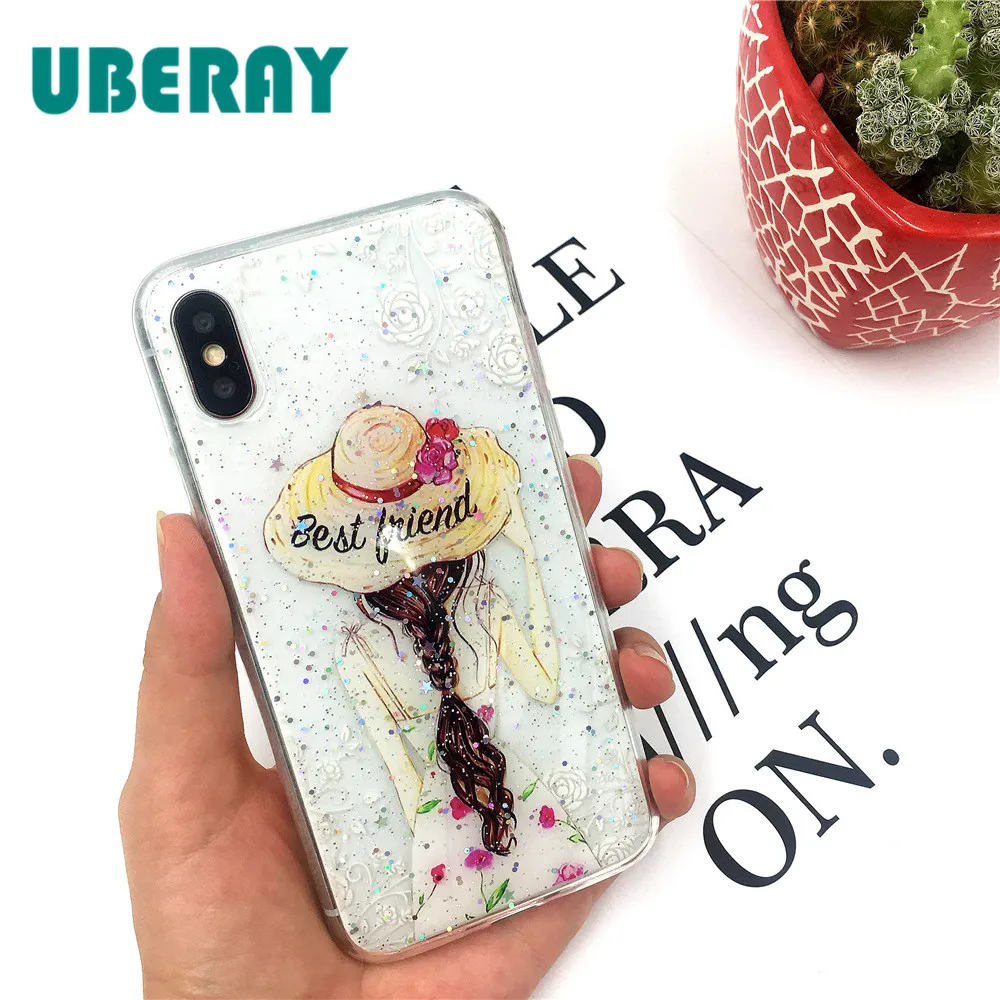 3D Flower Girl Case For iPhone X 7 Plus Shining Cover Couple Phone Cases Sister Coque 8 6 6s Fundas |