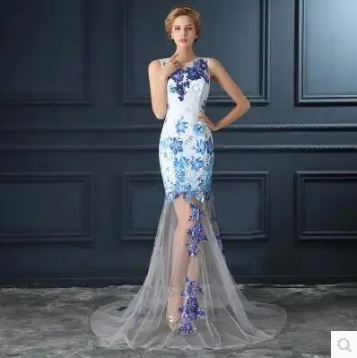 Robe de soiree, кружевное элегантное голубое и белое фарфоровое вечернее платье для невесты, vestido de festa, платья для выпускного вечера, Платья для вечеринок - Цвет: Blue and white long