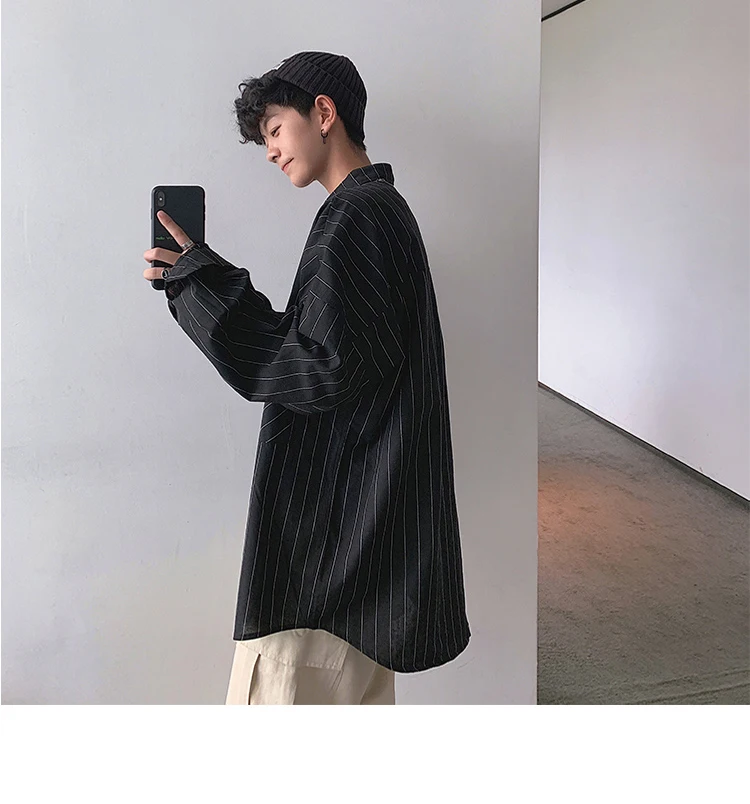 LAPPSTER Men Stiped Shirts Streetwear Casual Man Black Oversized Shirts White Harajuku Vintage Long Sleeve Shirt For Men