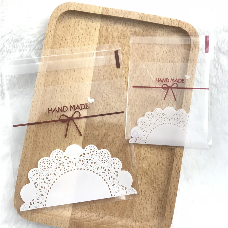 2 Sizes 100pcs Plastic Cookie Bags Transparent Lace Bowknot Cookie Bag Wedding Cake Candy
