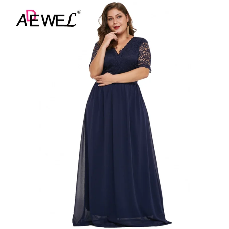 

ADEWE Sexy Elegant Plus size Women's Chiffon Party Long Dress V-neck Half Sleeve Floor Length Lace Evening Gowns Dresses 5XL
