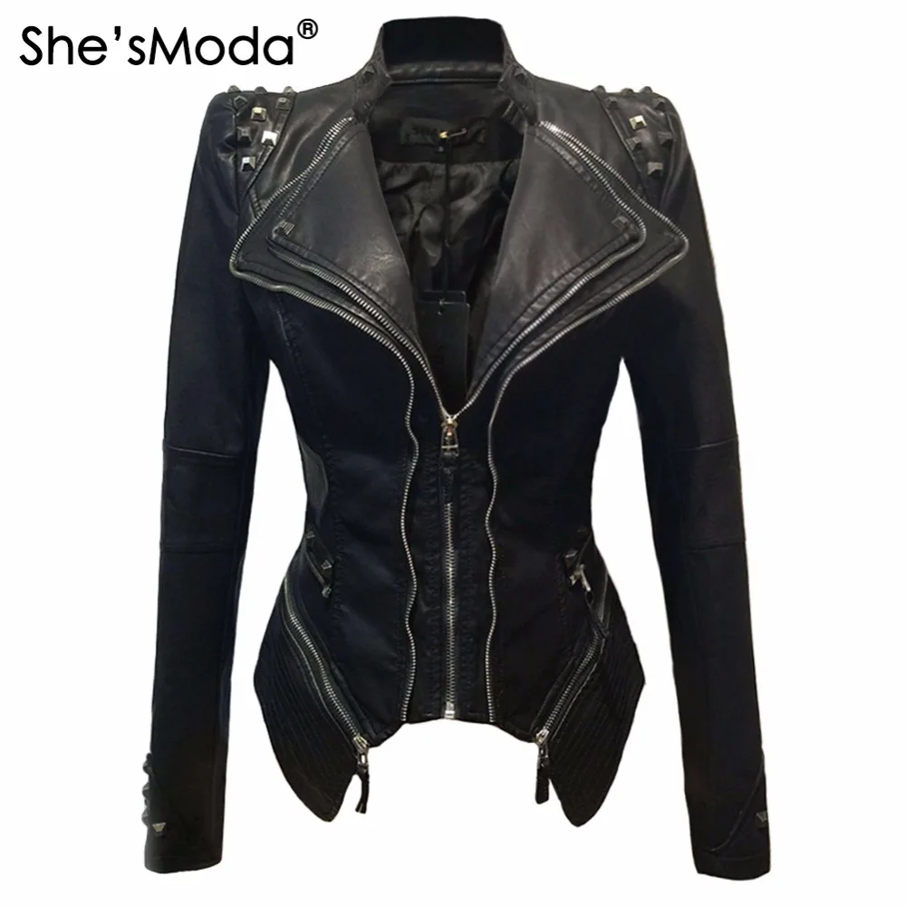

She'sModa PU Leather Slim Rivets Women's Sharp Power Studded Shoulder Motorcycle Tuxedo Coat Jacket