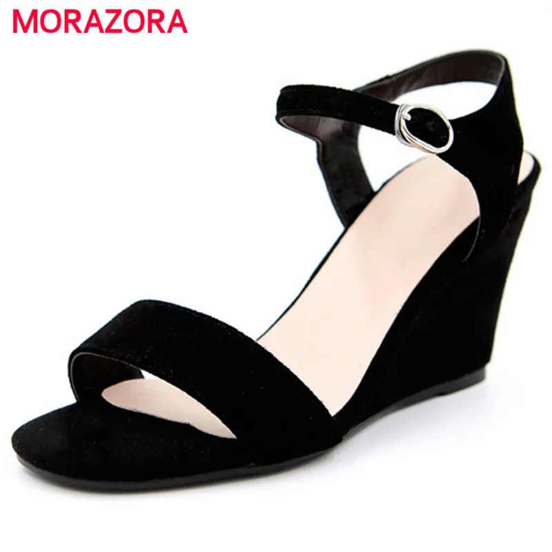 

MORAZORA Top quality contracted women shoes buckle solid wedges shoes 8.5cm women sandals kid suede open-toed summer