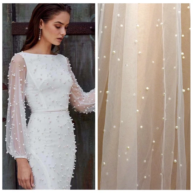 5yards Hot selling off white pearls on net mesh embroidery evening