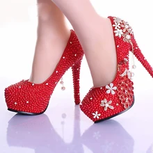 Elegant 5 Inches High Heel Diamond Woman Pumps Prom Shoes Luxury Red Pearl Rhinestone Wedding Shoes Handmade Bridal Shoes