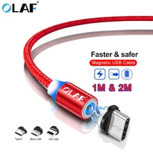 Olaf cabo de carregamento magnético 1 m/2 m led micro usb tipo c cabo de carregamento rápido carregador magnético usb para apple iphone samsung xiaomi