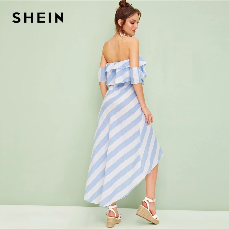 SHEIN, многоцветное длинное платье в полоску с оборкой и тюльпаном, с открытыми плечами, для женщин,, летнее, с высокой талией, Boho wrap Belted, платья