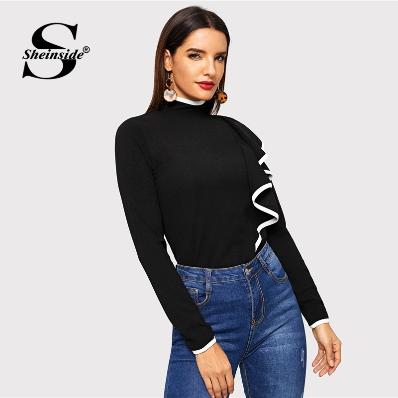Sheinside Black Office Ladies Tops and Tees Contrast Binding Ruffle Trim Women T-shirt Turtleneck Elegant Womens Long Sleeve Top