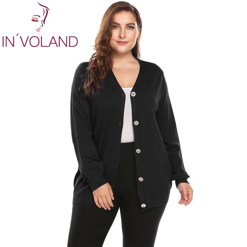 

IN'VOLAND Big Size Women Sweater Coat Autumn Casual Long Sleeve Button Solid Large Jumper Basic Soft Cardigan Tops Plus Size