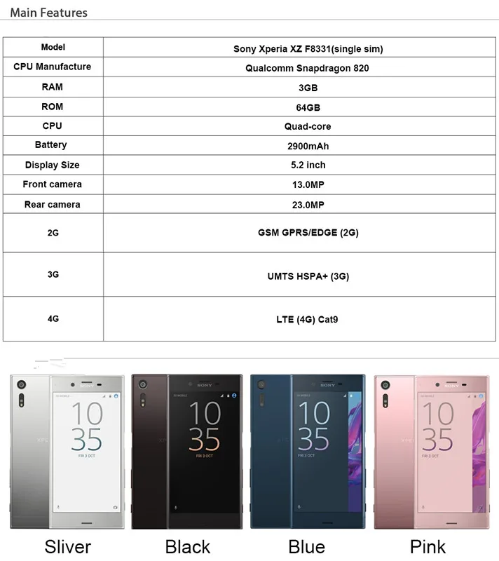 Sony Xperia XZ F8331 разблокированный 5," 4 ядра, 3 Гб оперативной памяти, Оперативная память 32GB Встроенная память 23MP LTE, отпечаток пальца, gps WI-FI одной SIM карты мобильного телефона