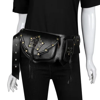 

Ms. 2019 New Steampunk Handbags Tactical Men's Pockets Phone Retro Personality Solid Color PU Metal Stereoscopic Polyester Bag